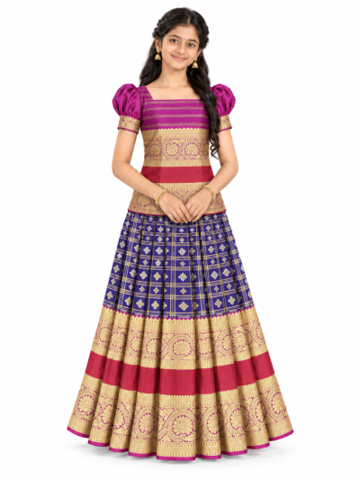 Gracecharm Pure Silk Check Butta with Floral Border Pattu Pavadai Material