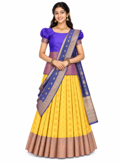 Gracecharm Emerald Glow yellow Art Silk Girls Pavadai Dhavani Material Set