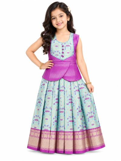 Charming Girls Readymade Art Silk Chevron with Floral Jaal Pattu Pavadai Set