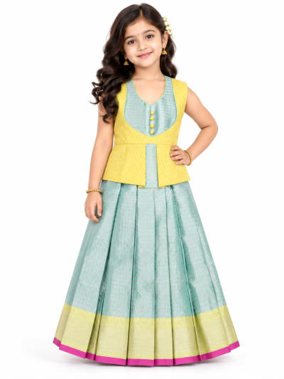 Charming Girls Readymade Art Silk Diamond with Geometric Brocade Pattu Pavadai Set