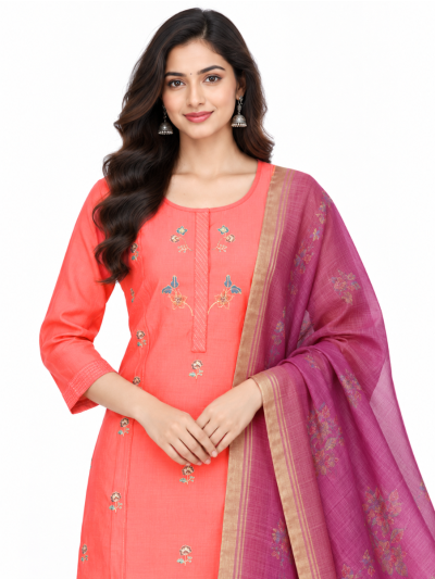 Graceful Muse Readymade Coral Pink Floral Embroidered Salwar Kameez