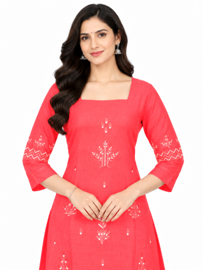 Graceful Muse Readymade Bright Coral Pink Botanical Embroidered Salwar Kameez
