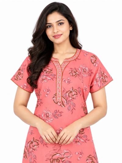 EasyCharm Rayon Floral Printed Decorative V-Neck Nighty