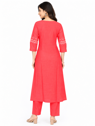 Graceful Muse Readymade Bright Coral Pink Botanical Embroidered Salwar Kameez
