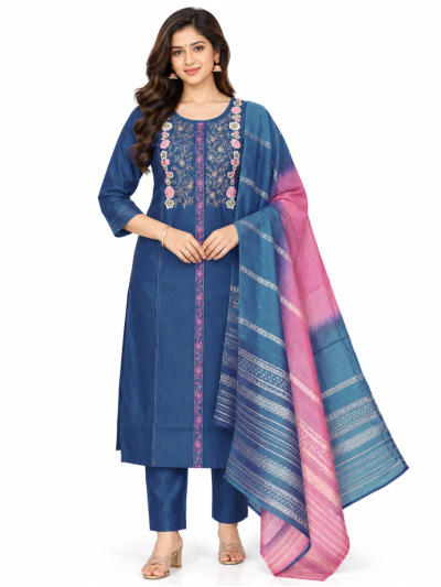 Graceful Muse Readymade Blue Floral Embroidered Salwar Kameez