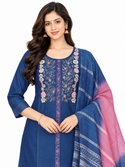 Graceful Muse Readymade Blue Floral Embroidered Salwar Kameez
