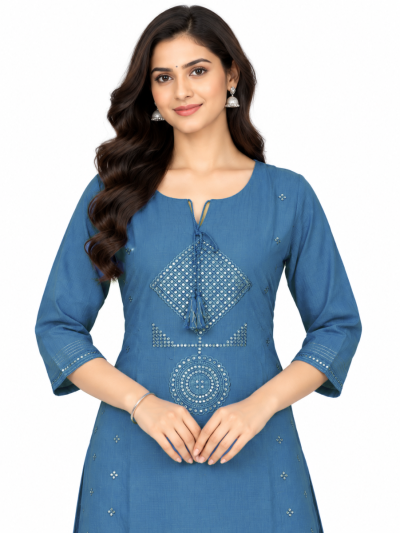 Graceful Muse Readymade Denim Blue Geometric Mirror Work Salwar Kameez