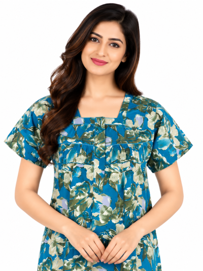 EasyCharm Cotton Abstract Floral Print Square Neck Nighty