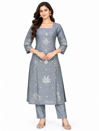 Graceful Muse Readymade Slate Grey Botanical Embroidered Salwar Kameez