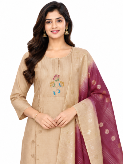 Graceful Muse Readymade Champagne Beige Floral Embroidered Salwar Kameez
