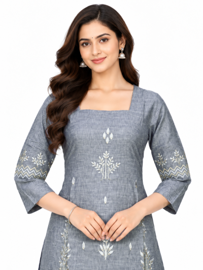 Graceful Muse Readymade Slate Grey Botanical Embroidered Salwar Kameez