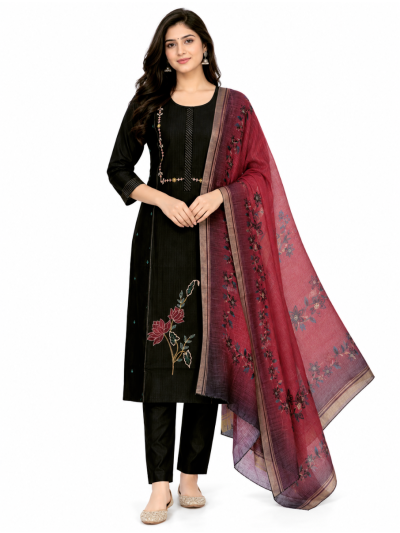Graceful Muse Readymade Black Lotus Floral Embroidered Salwar Kameez