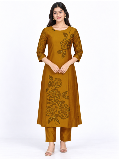 Graceful Muse Readymade Mustard Yellow Foil Rose Printed Salwar Kameez