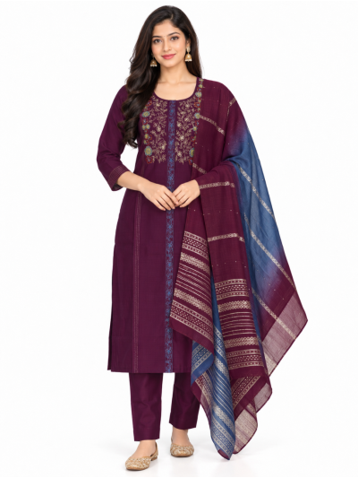 Graceful Muse Readymade Deep Wine Plum Floral Embroidered Salwar Kameez