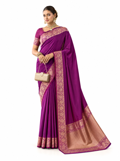 Gracecharm Satin Mashru Silk Plain Body with Floral Zari Border Saree