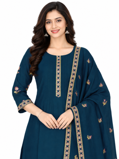 Graceful Muse Readymade Deep Teal Blue Floral Butta Embroidered Salwar Kameez
