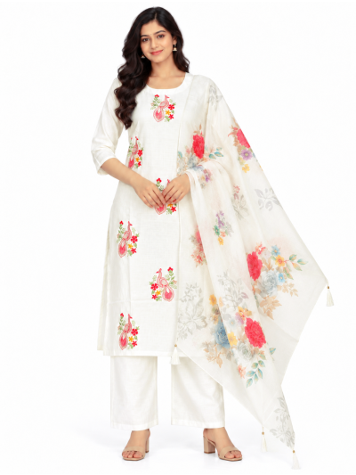 Graceful Muse Readymade Ivory White Peacock Floral Embroidery Salwar Kameez