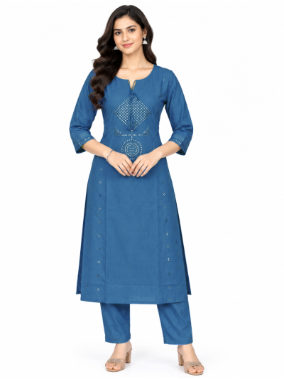Graceful Muse Readymade Denim Blue Geometric Mirror Work Salwar Kameez