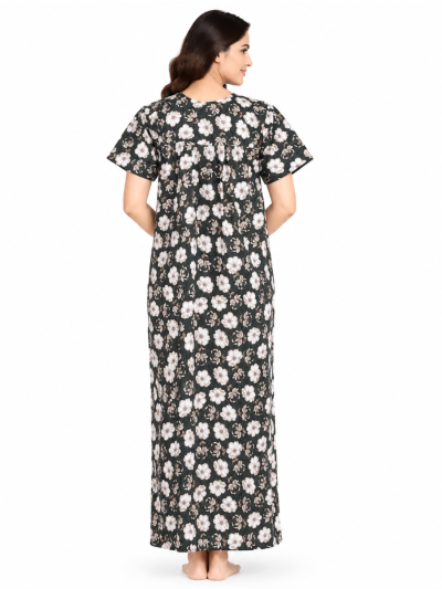 EasyCharm Cotton Floral Print Smocked Ruffle Yoke Nighty