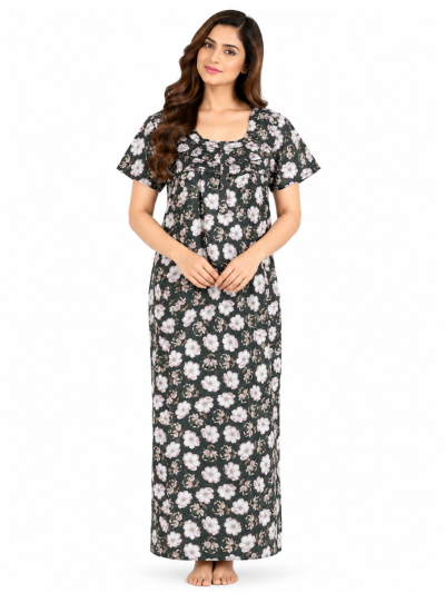 EasyCharm Cotton Floral Print Smocked Ruffle Yoke Nighty