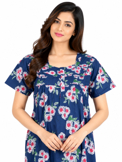 EasyCharm Cotton Floral Print Smocked Yoke Short Sleeve Nighty
