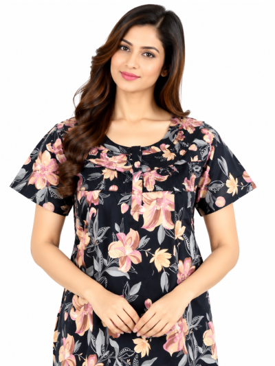 EasyCharm Cotton Floral Print Smocked Ruffle Yoke Nighty