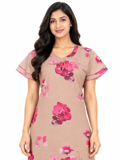 EasyCharm Rayon Rose Floral Printed Tie-Neck Layered Sleeve Nighty