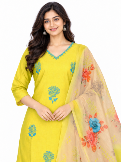Graceful Muse Readymade Yellow Floral Embroidered Salwar Kameez