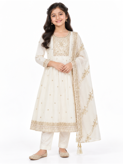 Graceful Essence Girls Embroidered Butta Kurta Pant Dupatta Set