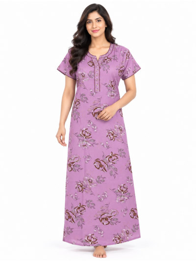 EasyCharm Rayon Floral Printed Embroidered Neck Nighty
