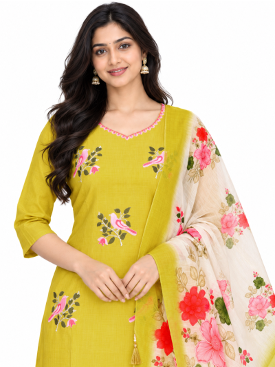Graceful Muse Readymade Yellow Bird Embroidered Salwar Kameez
