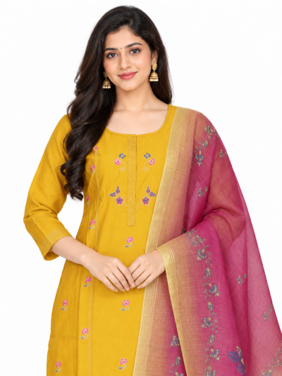 Graceful Muse Readymade Mustard Yellow Floral Embroidered Salwar Kameez