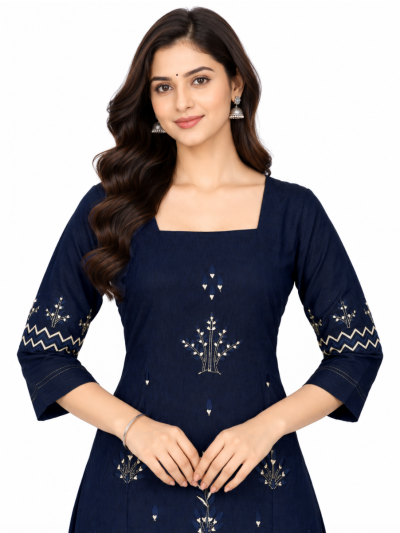 Graceful Muse Readymade Navy Blue Botanical Embroidered Salwar Kameez