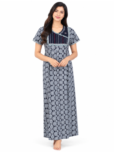 EasyCharm Cotton Geometric Floral Medallion Printed Yoke Design Nighty