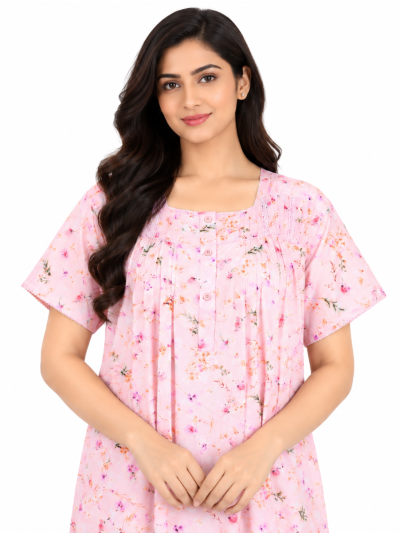 Easy Charm Cotton Pink Floral Printed Nighty