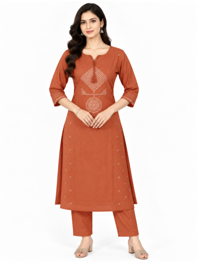 Graceful Muse Readymade Rust Orange Geometric Mirror Work Salwar Kameez