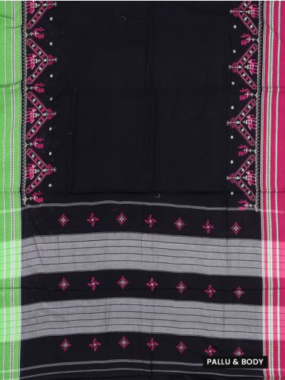 Black Banahatti Cotton Saree with Temple Border and Striped Pallu