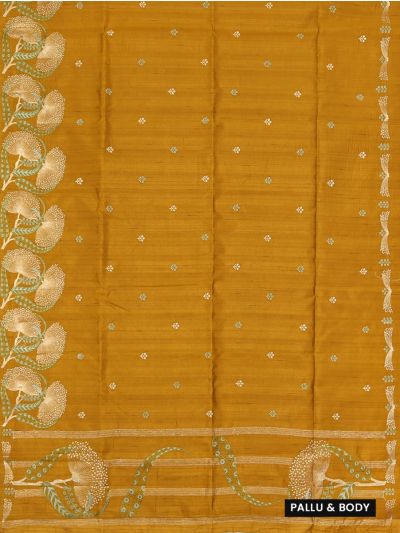 Gracecharm Semi Tussar Peacock Feather Floral Border Saree with Small Floral Buttas