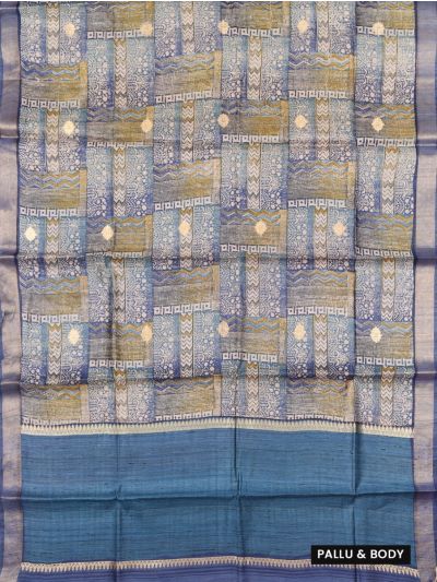 Graceful Essence Tussar Silk Geometric Panel Stripe Floral Butta Print Saree