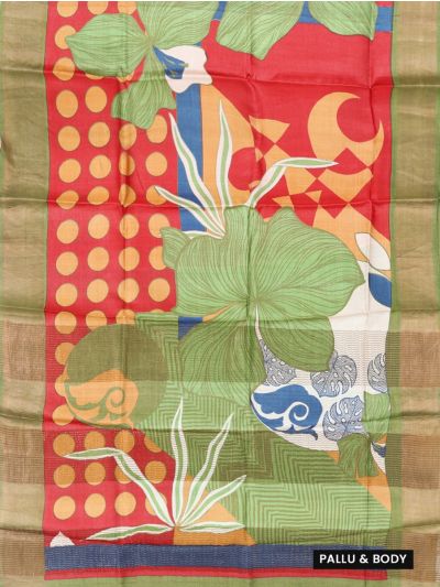 Graceful Essence Tussar Silk Monstera Butta Floral Geometric Pallu Saree