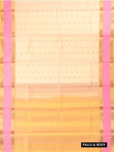 kora Silk cotton Ivory Floral Butta Chevron Zari Pallu Saree