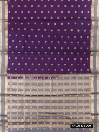 kora Silk Cotton Aubergine Paisley Butta with Striped Zari Pallu Saree   