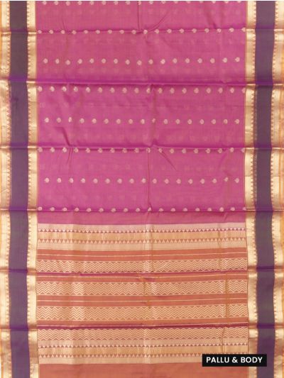kora Silk Cotton Rani Pink Floral Butta Chevron Pallu Saree