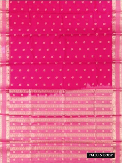 kora Silk Cotton Rani Pink Paisley Floral Butta Striped Pallu Saree  