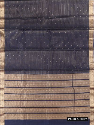kora Silk Cotton Navy Pinstripe Butta Paisley Band Pallu Saree  