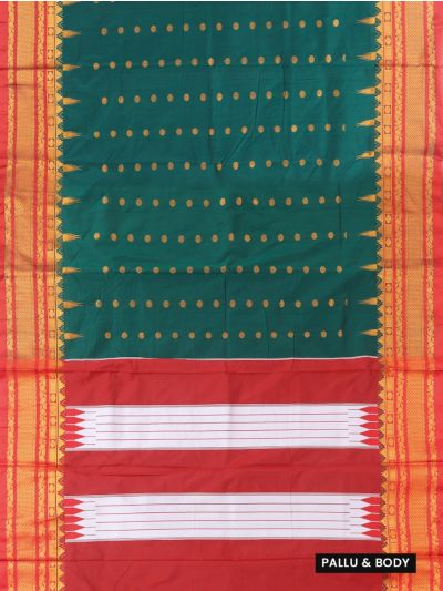 Dharward Cotton Peacock Green Rosette Butta Temple Stripe Pallu Saree