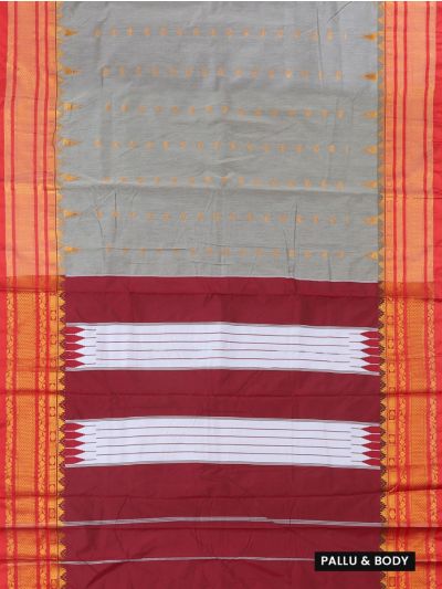 Dharward Cotton Silver Grey Rosette Butta Twin Stripe Pallu Saree