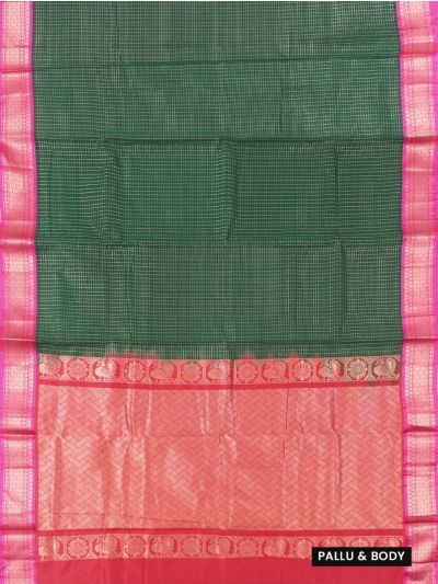 Silk Cotton Bottle Green Checks Basket Weave Pallu Saree