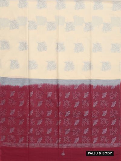 Kanmanie Softy Silk Cream Fern-Shaped Motif Saree
