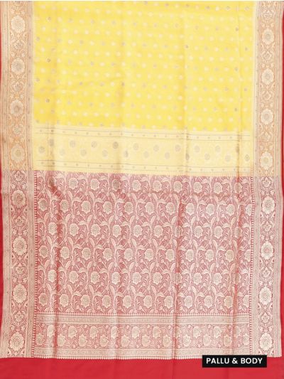 BlossomEase Semi Banarasi Leaf Butta with Red Floral Pallu Saree